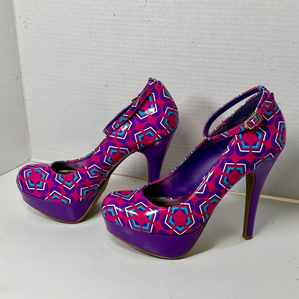 Bamboo Ericka-12 Womens Pink Purple Geometric Ankle Strap Platform Pumps Size‎ 8